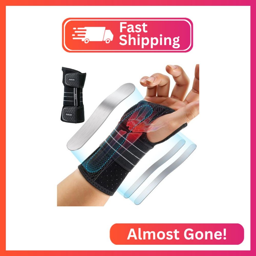 Rakiie Carpal Tunnel Wrist Brace, Adjustable Night Wrist Support with 3 Metal Sp