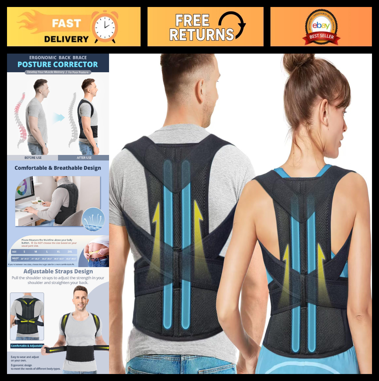 Adjustable Back Brace Posture Corrector for Men & Women – Lumbar Support, Pain R