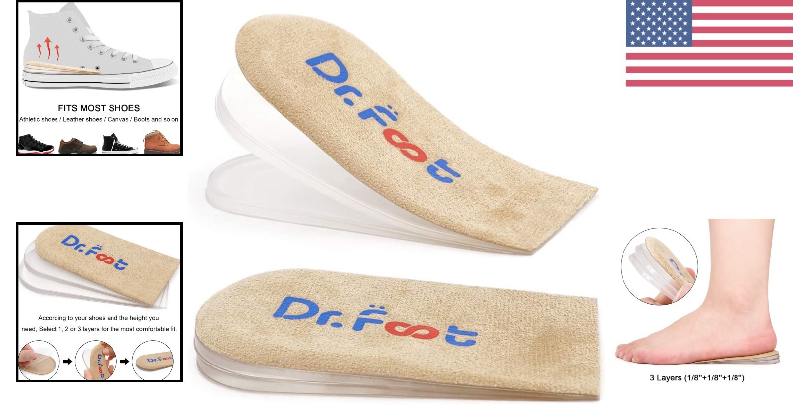 Adjustable Beige Heel Lift Inserts – 3-Layer Gel Cushions for Comfort & Support