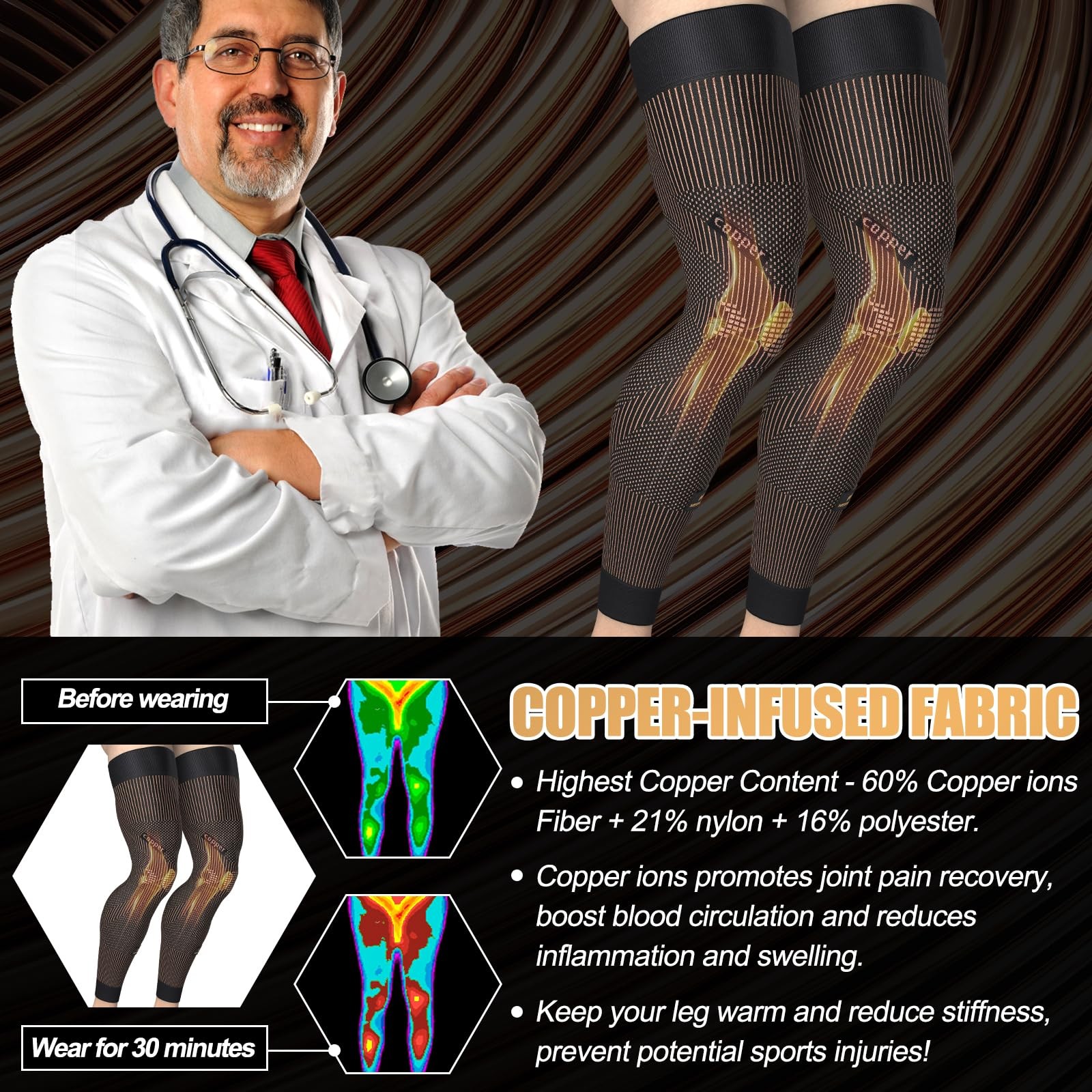 Copper Compression Leg Sleeve, Ultra-thin Full Leg Sleeve with Copper Ions In…