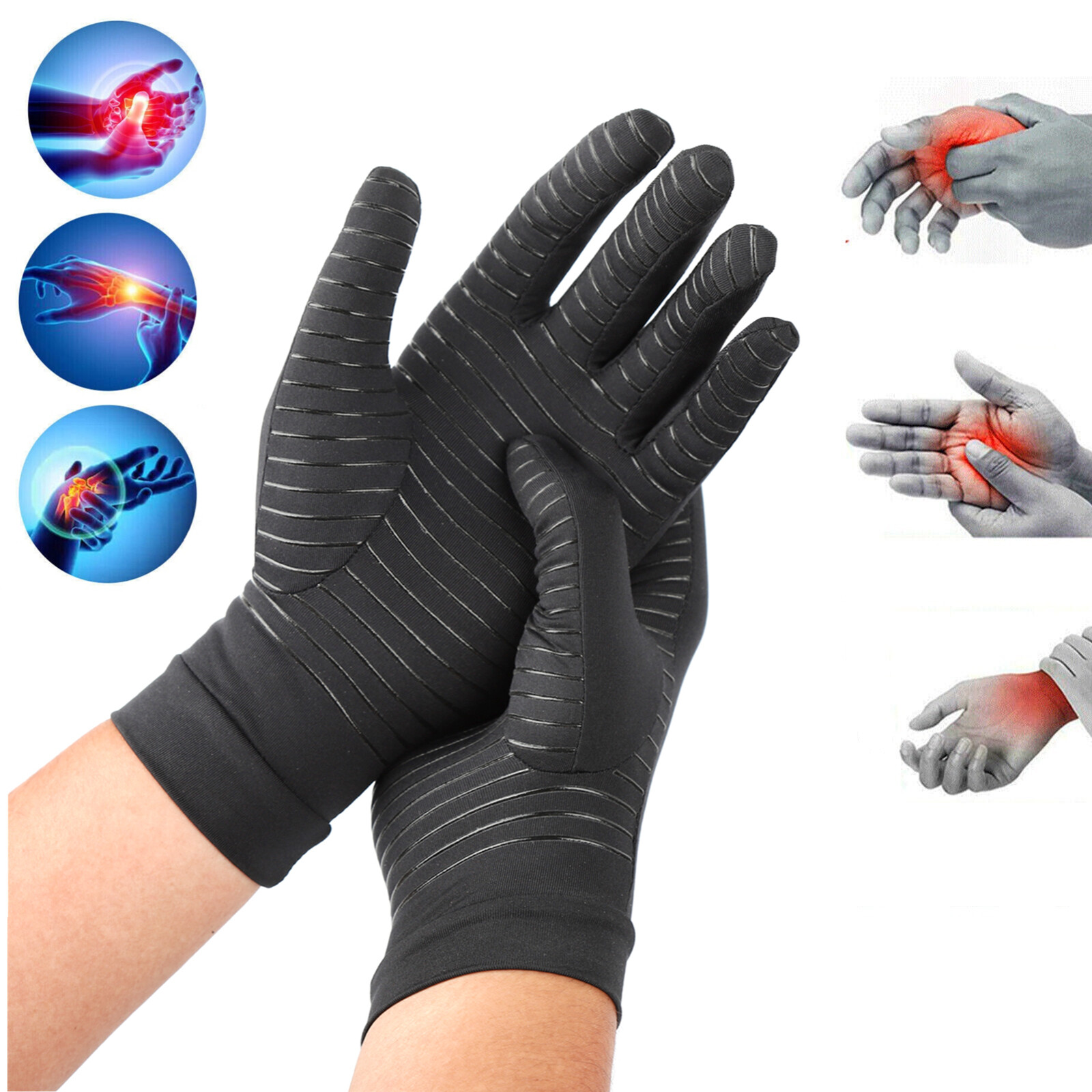 2Pairs Copper Compression Gloves Arthritis Joint Pain Relief Hand Support M/L/XL