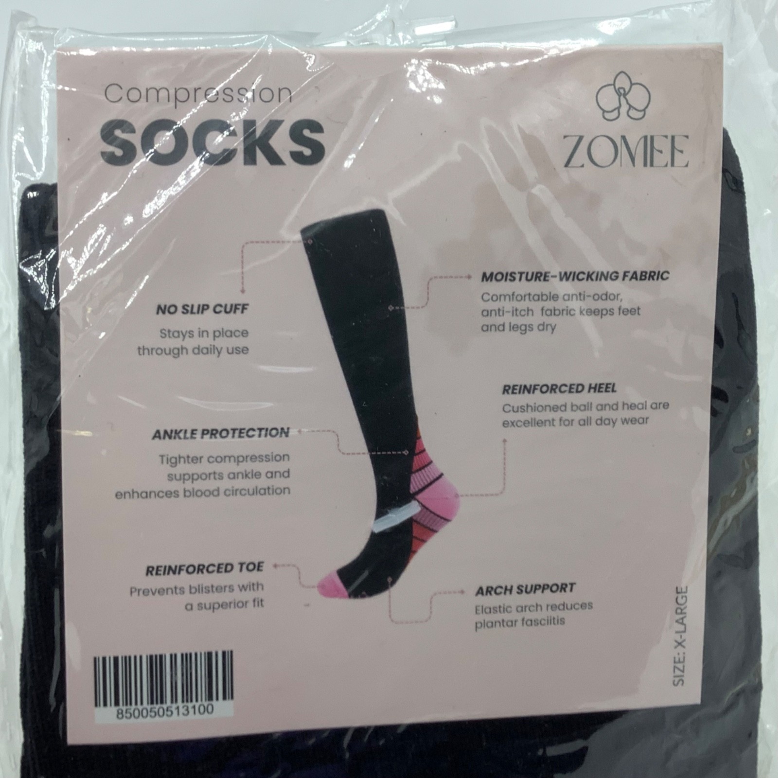 Zomee Black & Pink Compression Socks for Women Circulation Running Pregnancy XL