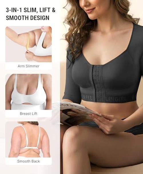 Arm Compression Sleeve Women Post Surgery Arm Shaper Bra | Front Medium Black