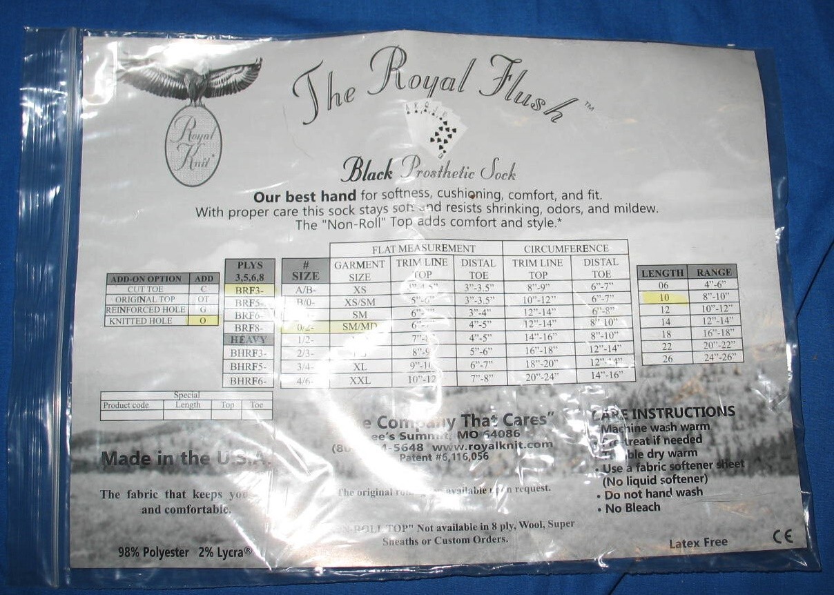 (2)The Royal Flush Prosthetic Sock HEAVY Non-Roll Top Small/Medium 8″-10″ long