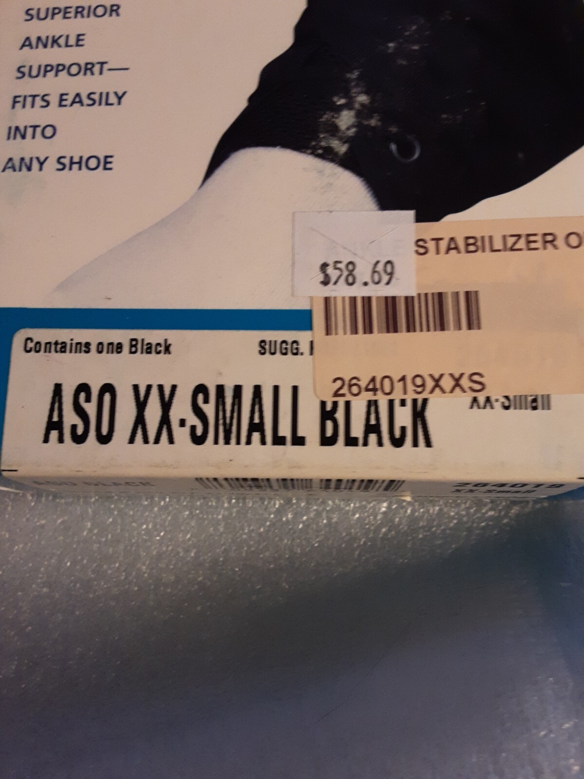XX Small Spec ASO Ankle Stabilizer – Black, Size XX small New in Box