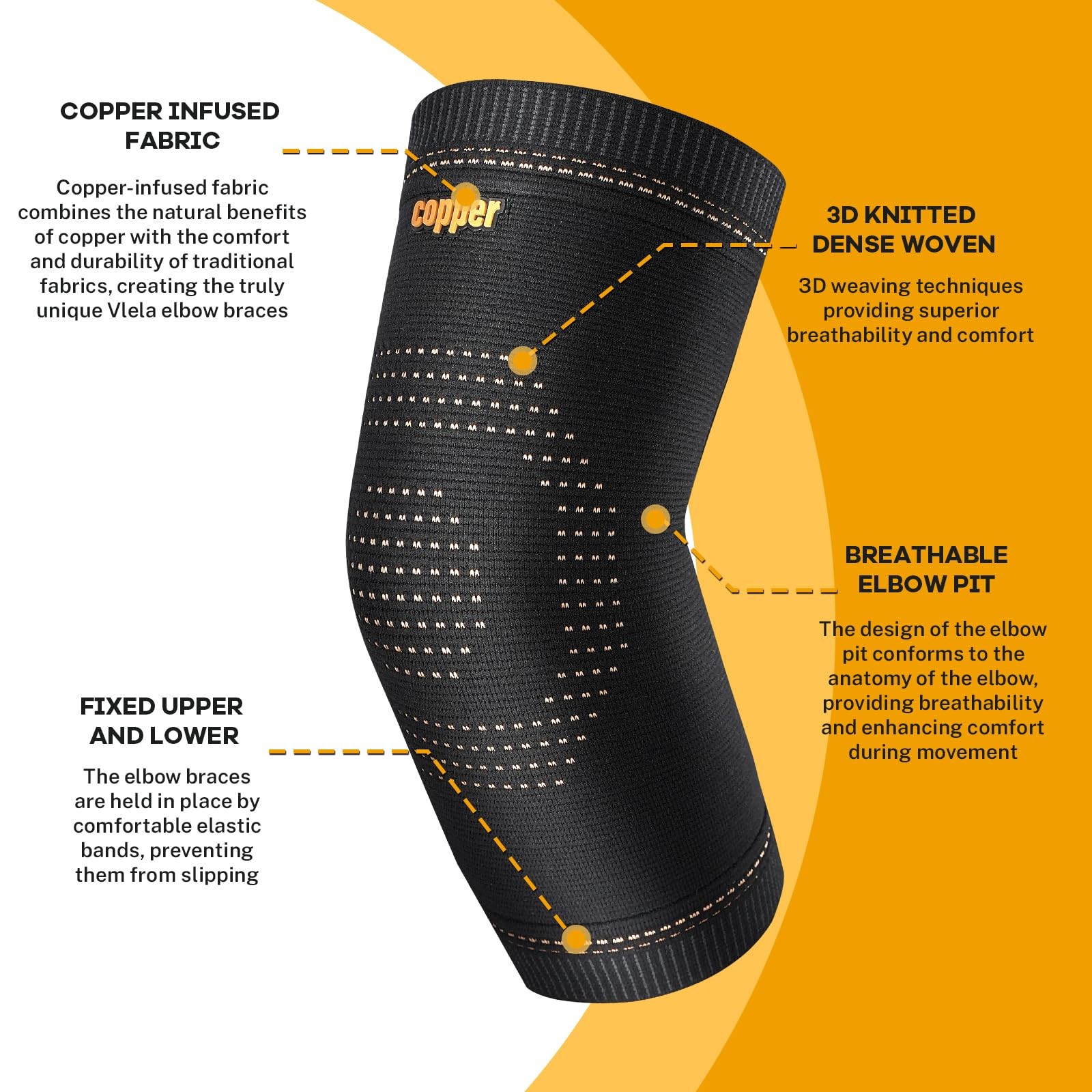 Vlela Copper Elbow Compression Sleeve |Tennis Brace for Medium, Black