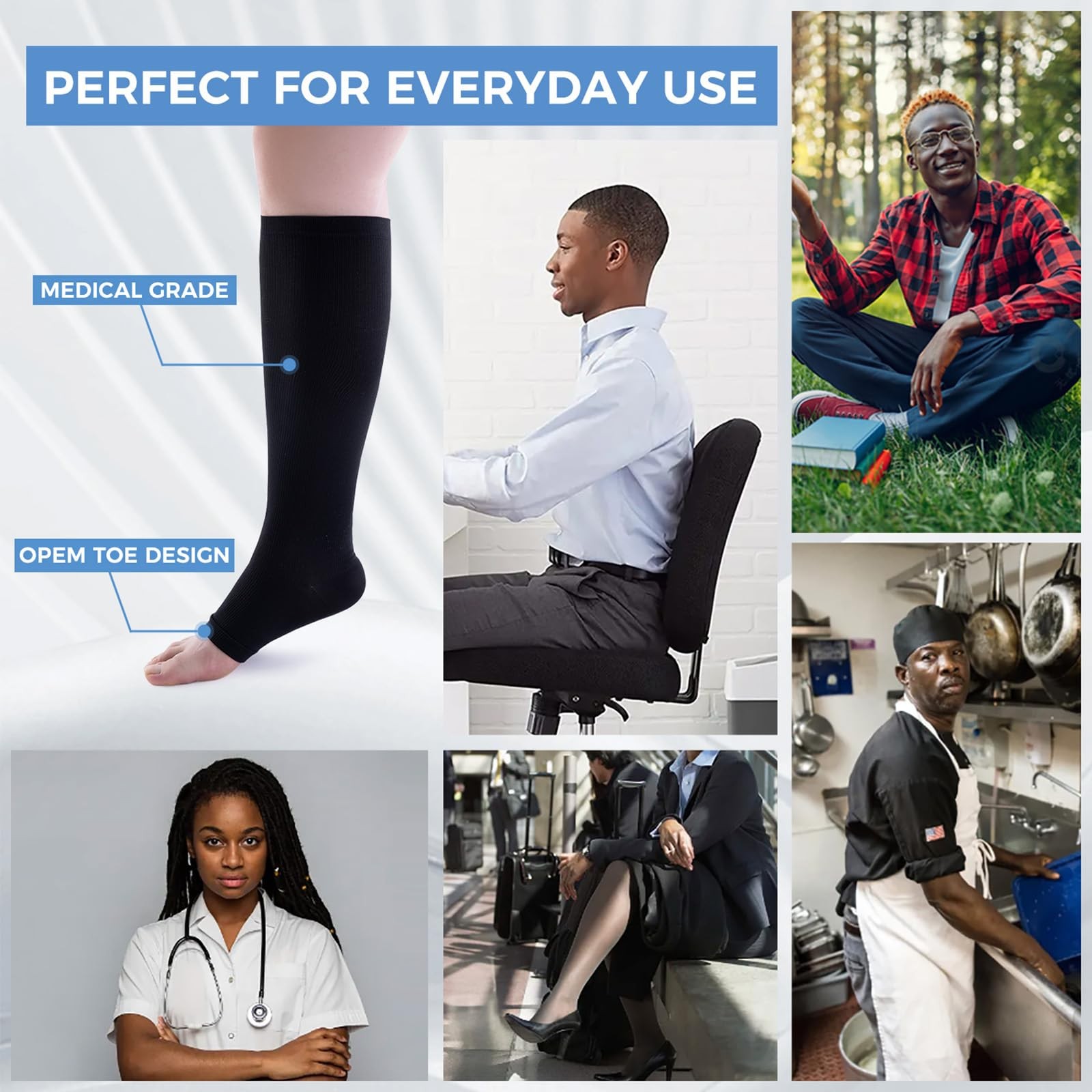 3 Pairs Open Toe Compression Socks for Men & Women – 15-20 Mmhg Knee High