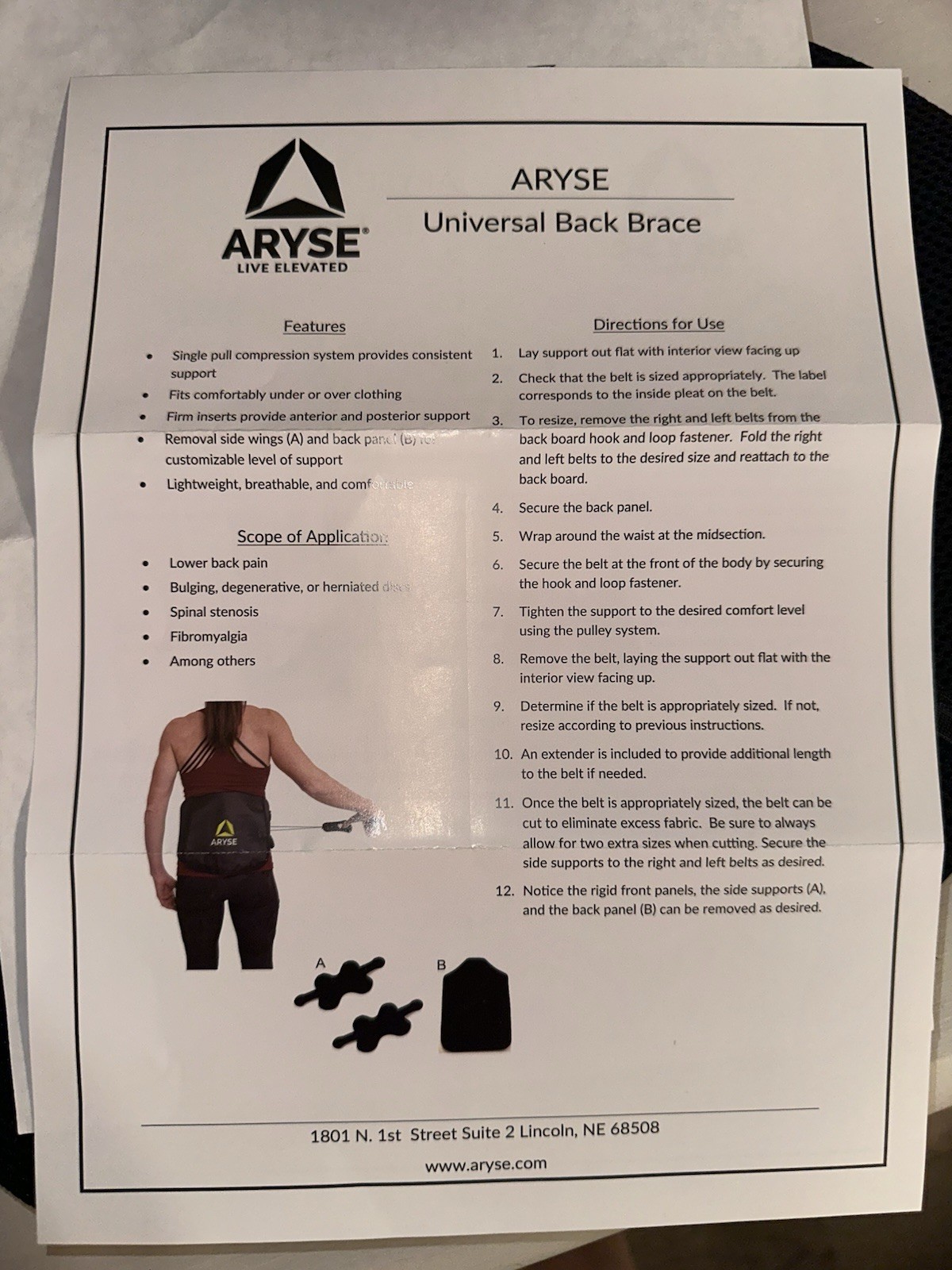 Aryse Live Elevated Universal Back Brace Lumbar Back Support Adjustable Fits All