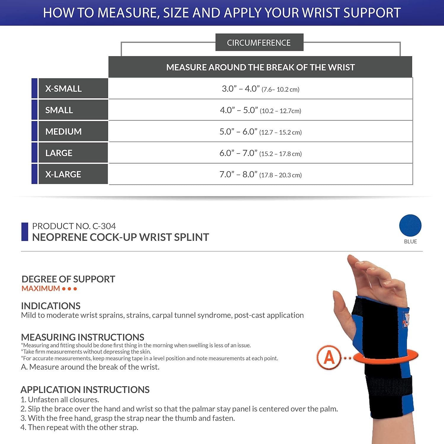 Champion Neoprene Cock-up Wrist Splint Left (X-Small 3.75-4.75″)