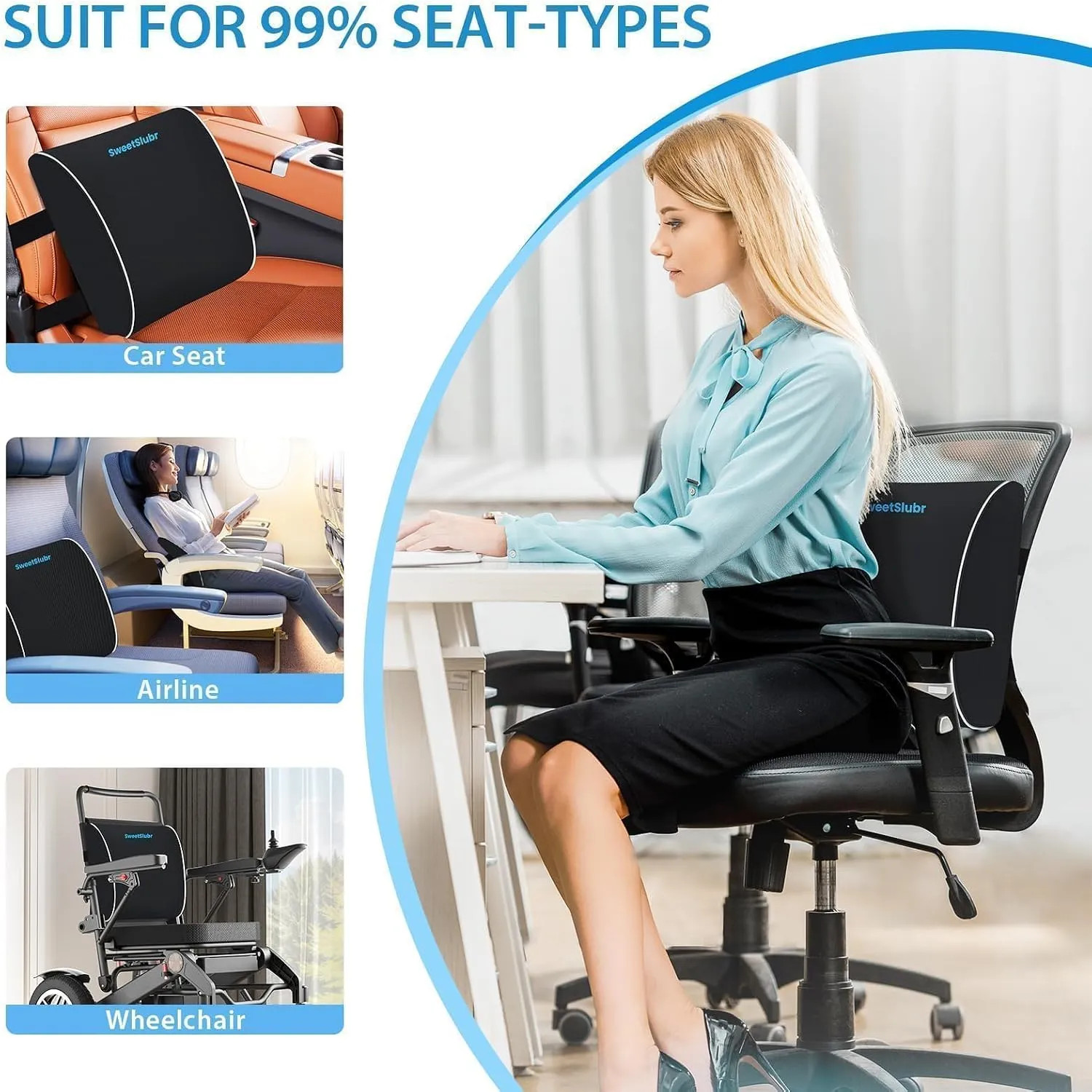 Large Lumbar Support Pillow Memory Foam Back Cushion for Office Chair Car Gaming