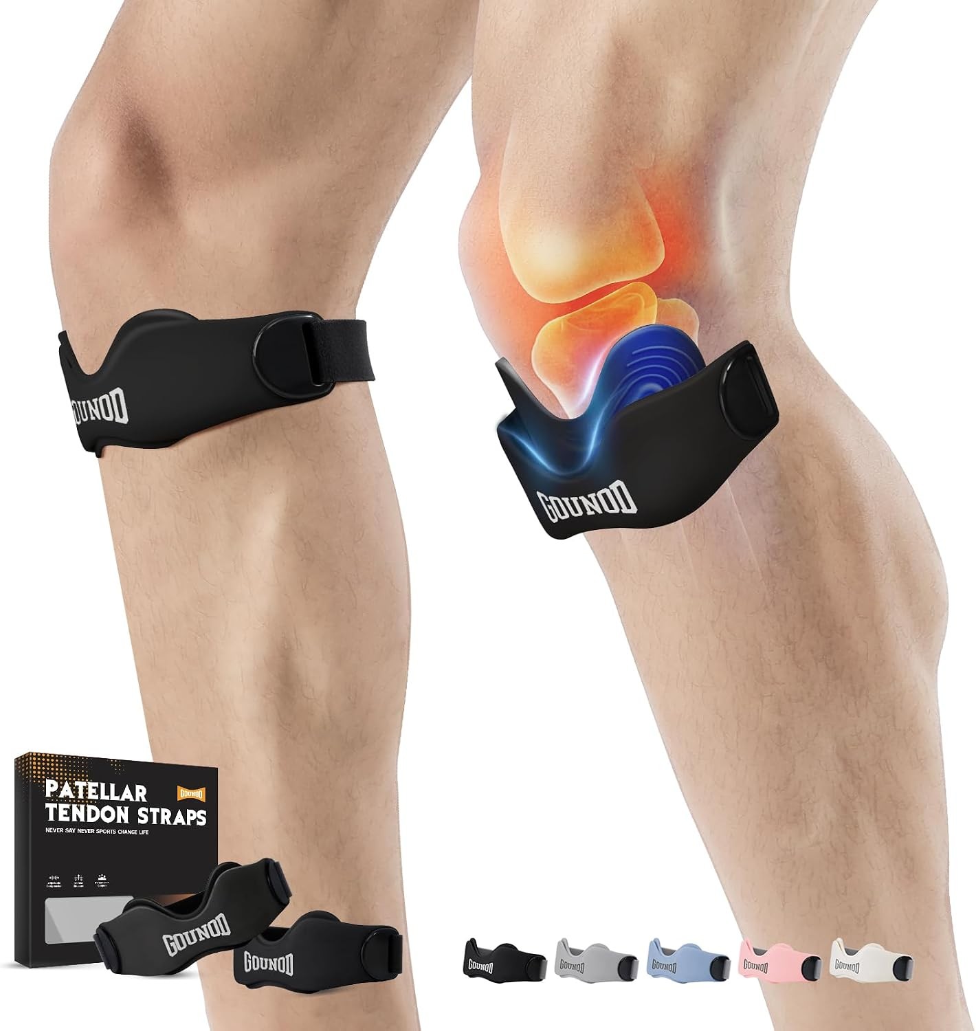 GOUNOD Patellar Tendon Support Strap 2 Pack,Silicone Knee Strap for Knee Pain Re