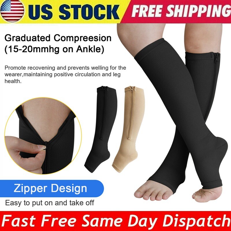 3 Pair Compression Socks Zippered Open Toe 30-40mmHg with Zipper Safe Protection