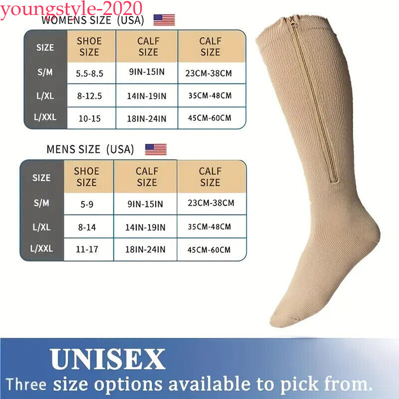 Zip-Up Compression Socks 20-30 mmHg Knee-High Unisex Leg Calf Support Stockings