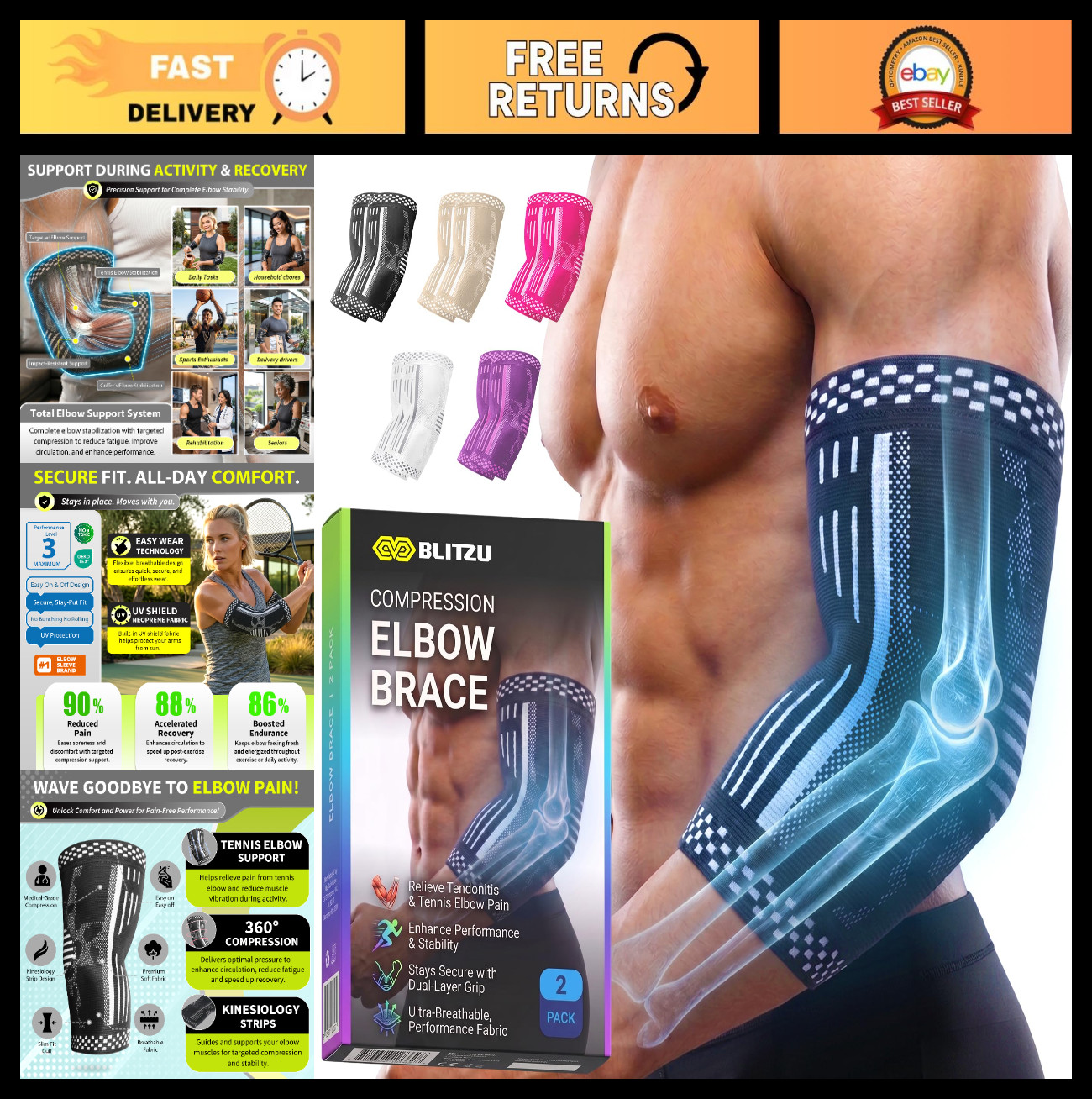 Elbow Compression Sleeve 2 Pack – Tendonitis & Golfers Elbow Support Brace, Pain