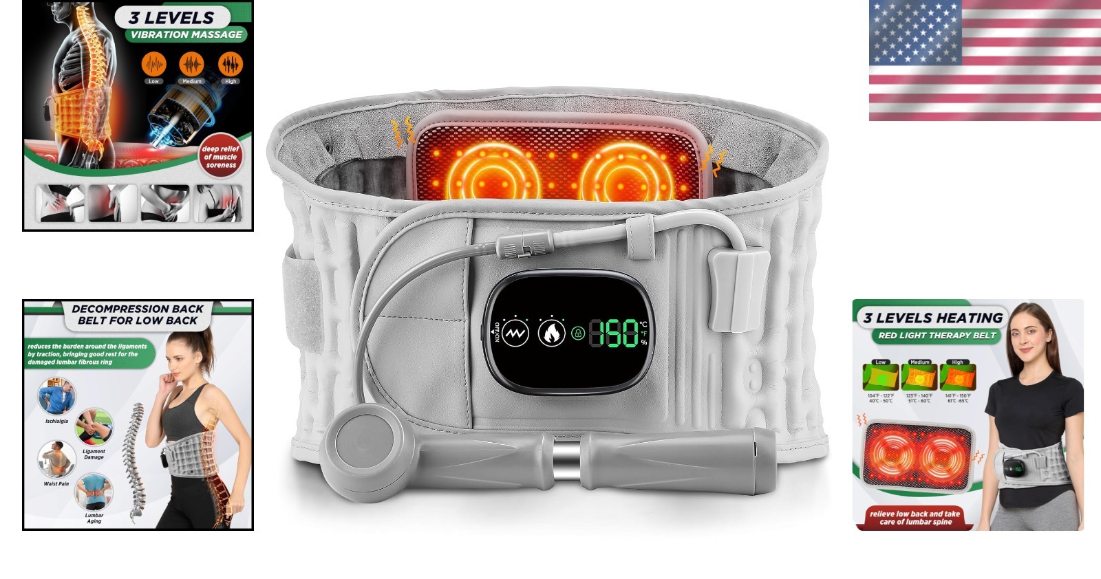 Portable Decompression Back Brace with Red Light Heating & Massage Features