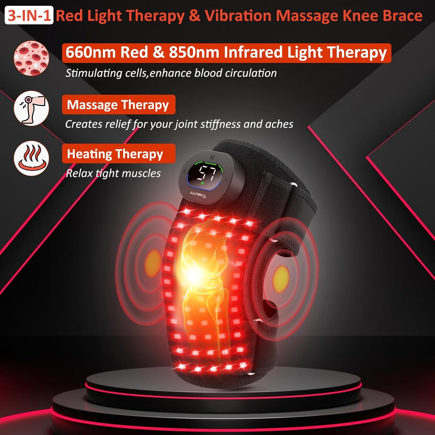 Red Light Therapy Knee Brace for Pain Relief, Vibration Knee Massager with Heat