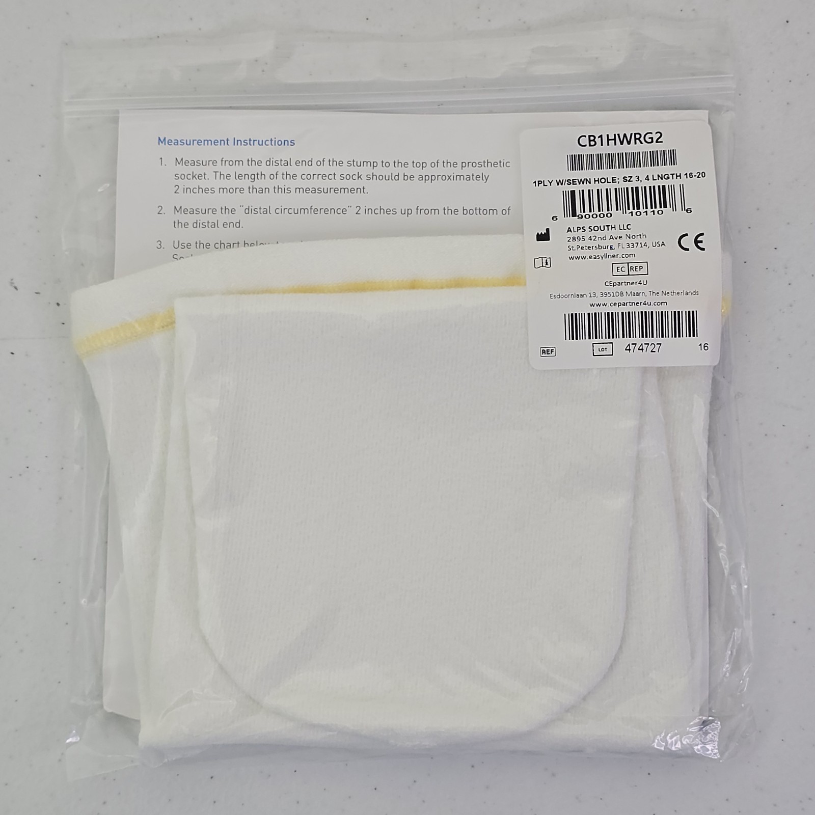 CoolBlue Prosthetic Sock 1 Ply W/Sewn Hole; Size 3, 4 Lngth 16-20 (5 Available)