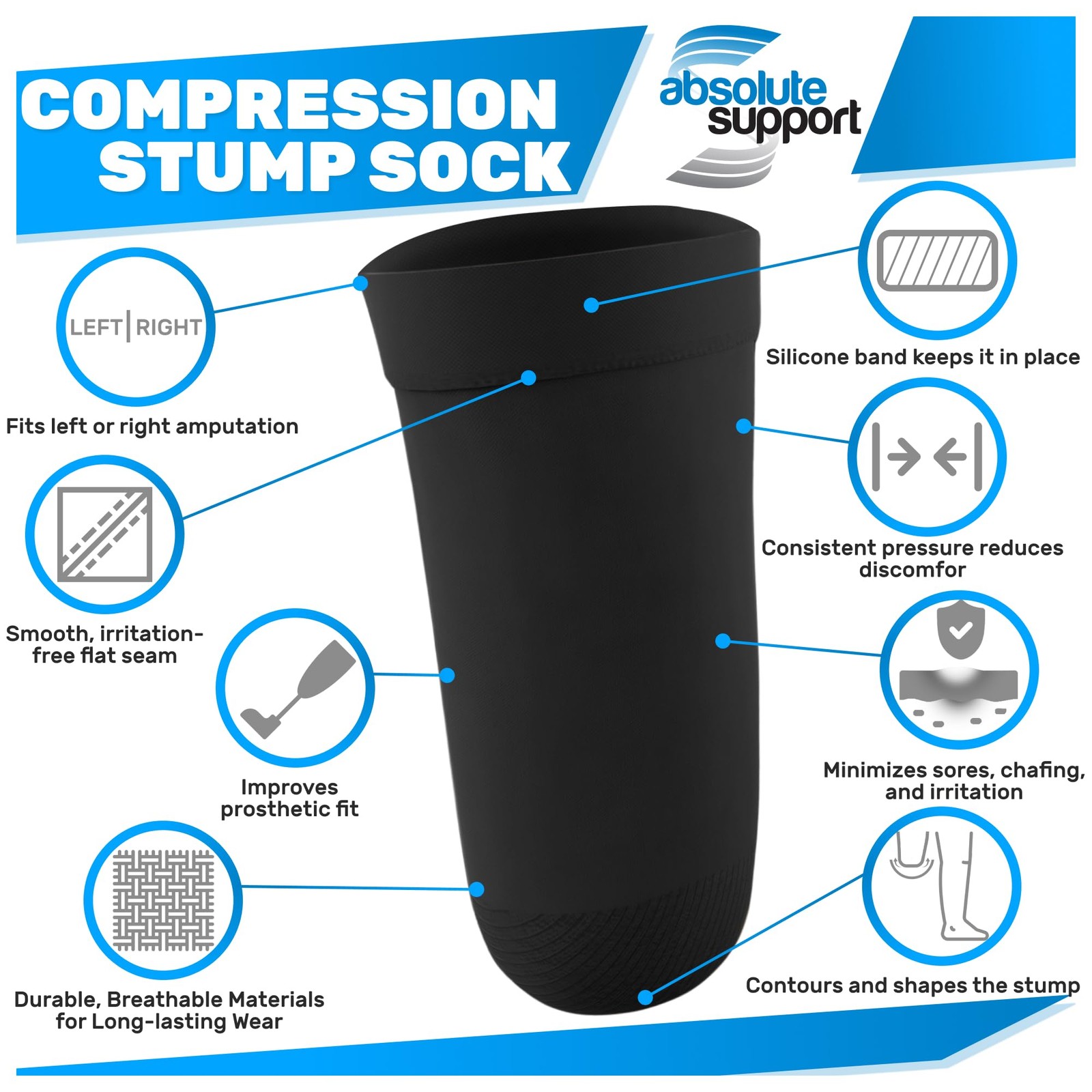 ABSOLUTE SUPPORT Above Knee Stump Shrinker, Amputee Compression Medium, Black