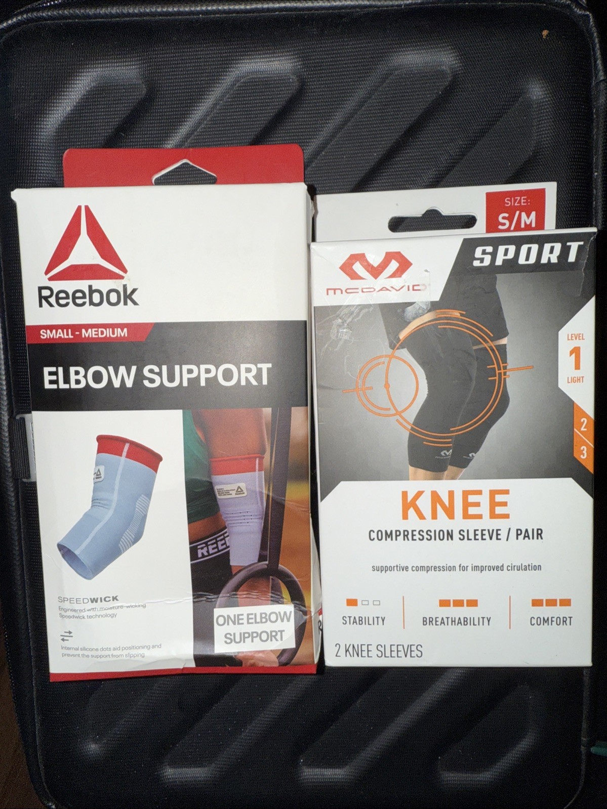 Reebok Compression Elbow Support (S-M) & Mcdavid knee support S/M New in boxes