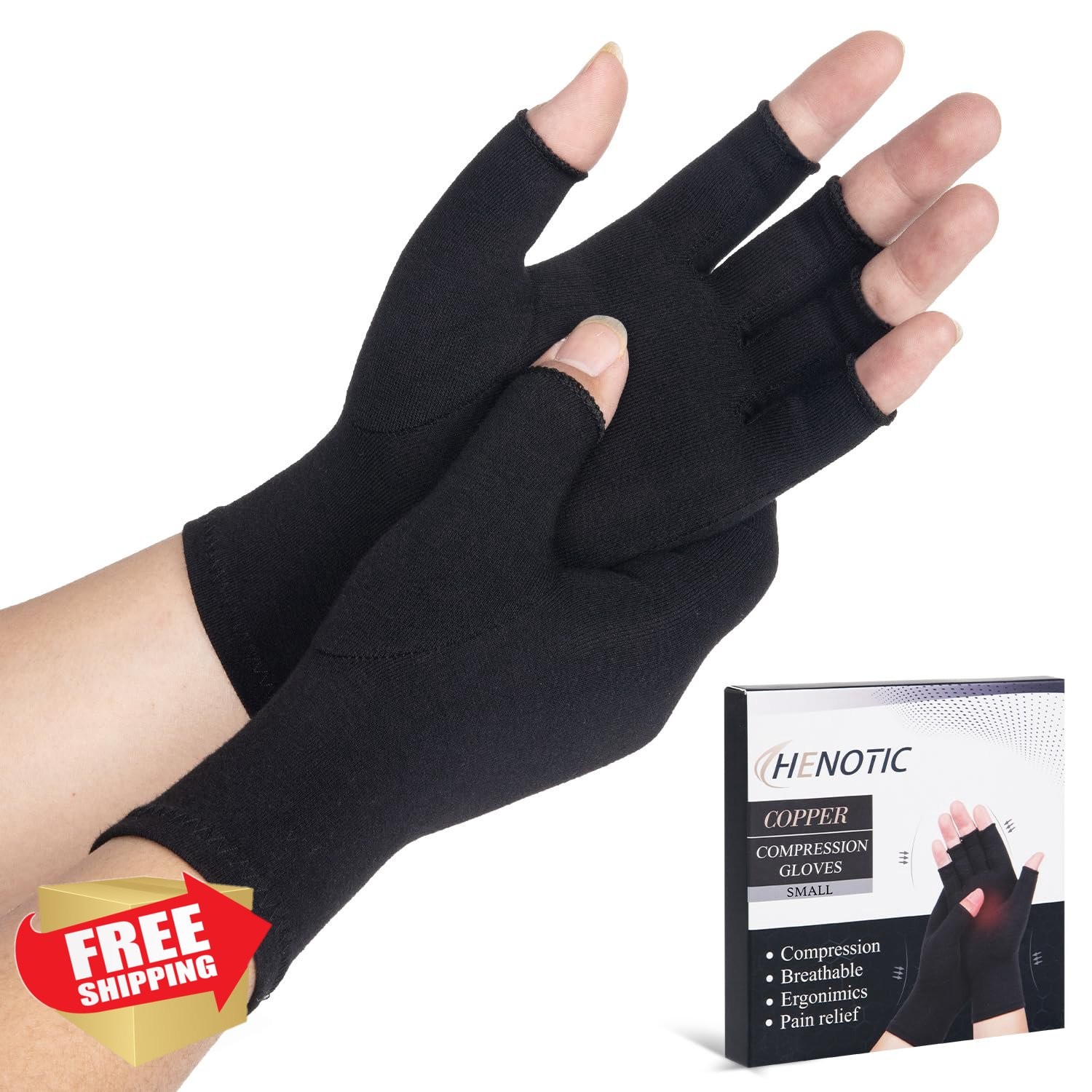 HENOTIC Arthritis Compression Gloves Fingerless Black Size S Men Women