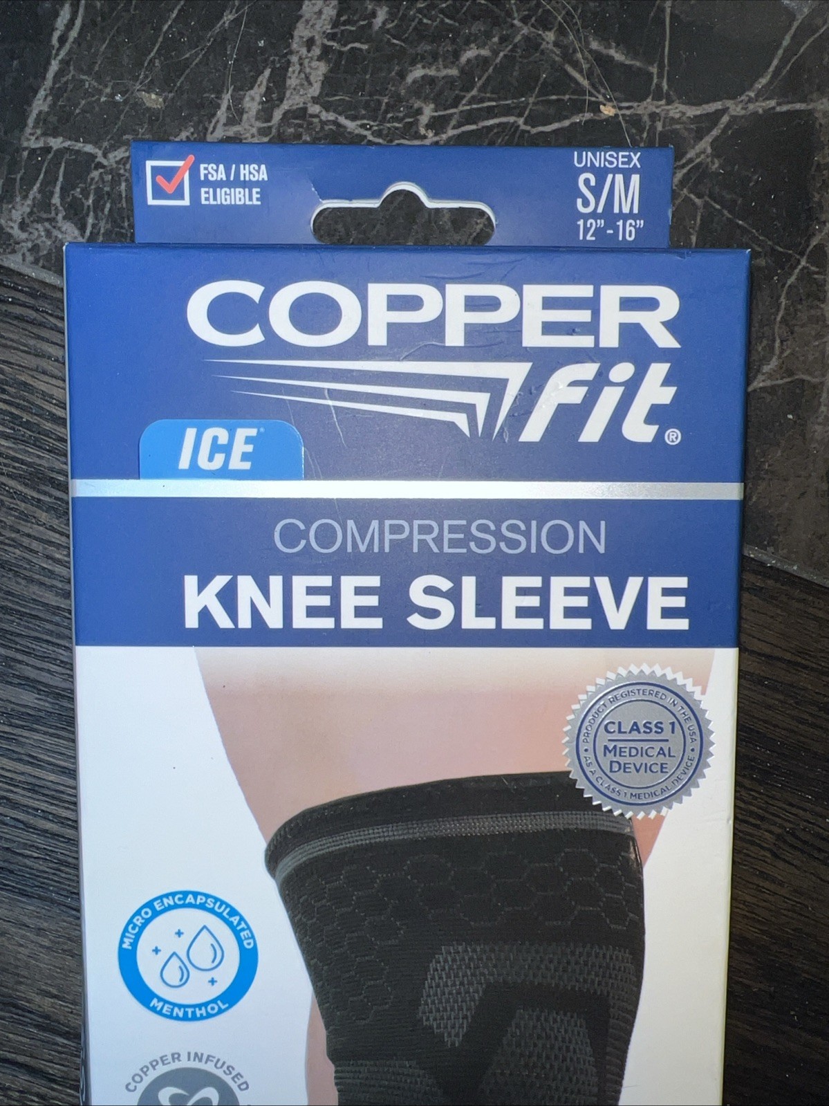 Copper Fit( Ice) Knee Compression Sleeve Infused Menthol S/M 12”-16” ….B