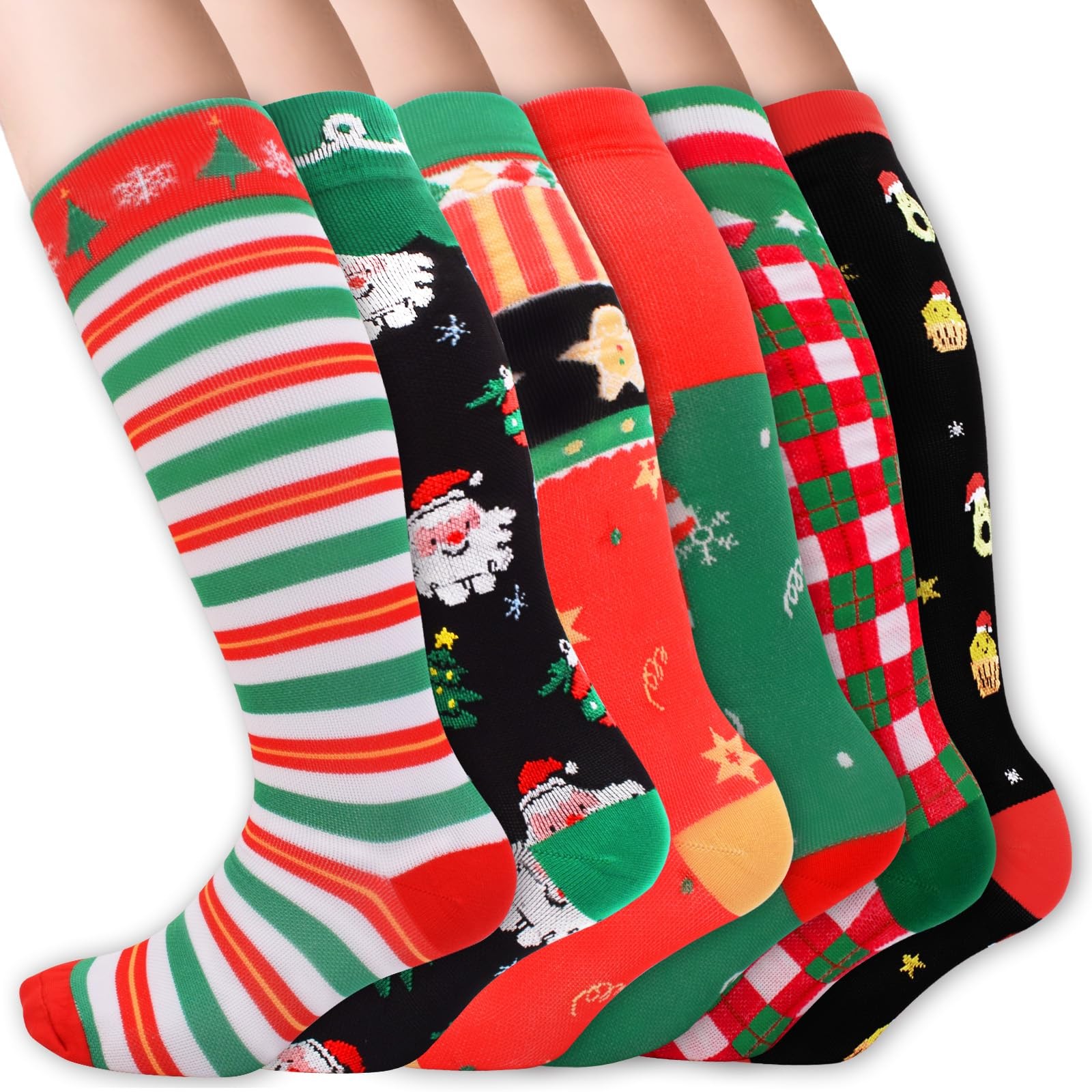 6 Pair Christmas Pattern Compression Socks for Women & Men, Cute Support Stoc…