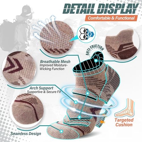 6 Pairs Merino Wool Ankle Hiking Running Socks Large Brown/Grey/Black