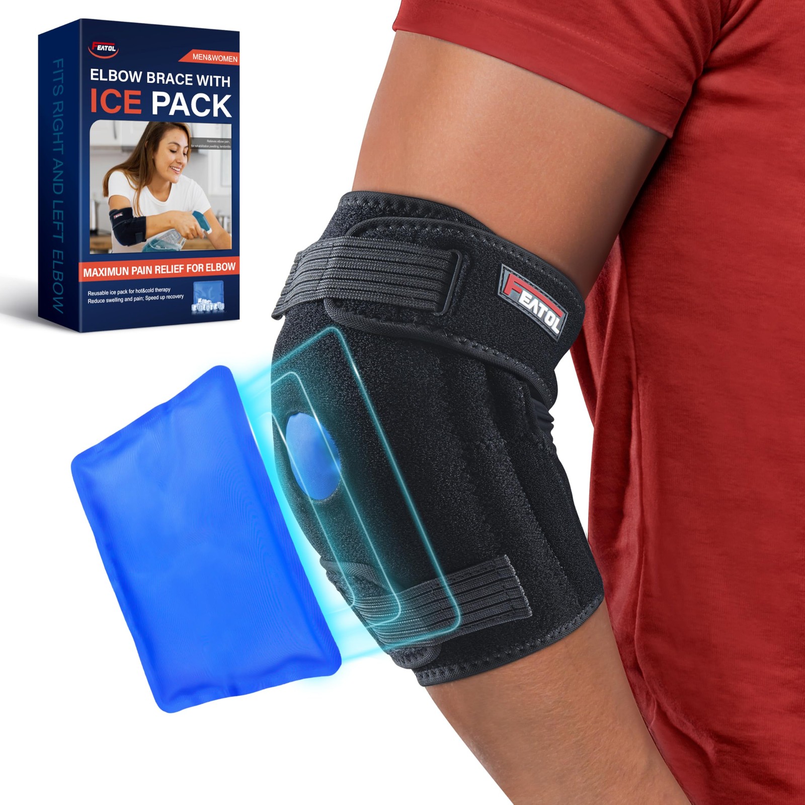 FEATOL Elbow Brace with Ice Pack for Tendonitis and Tennis Medium, Black