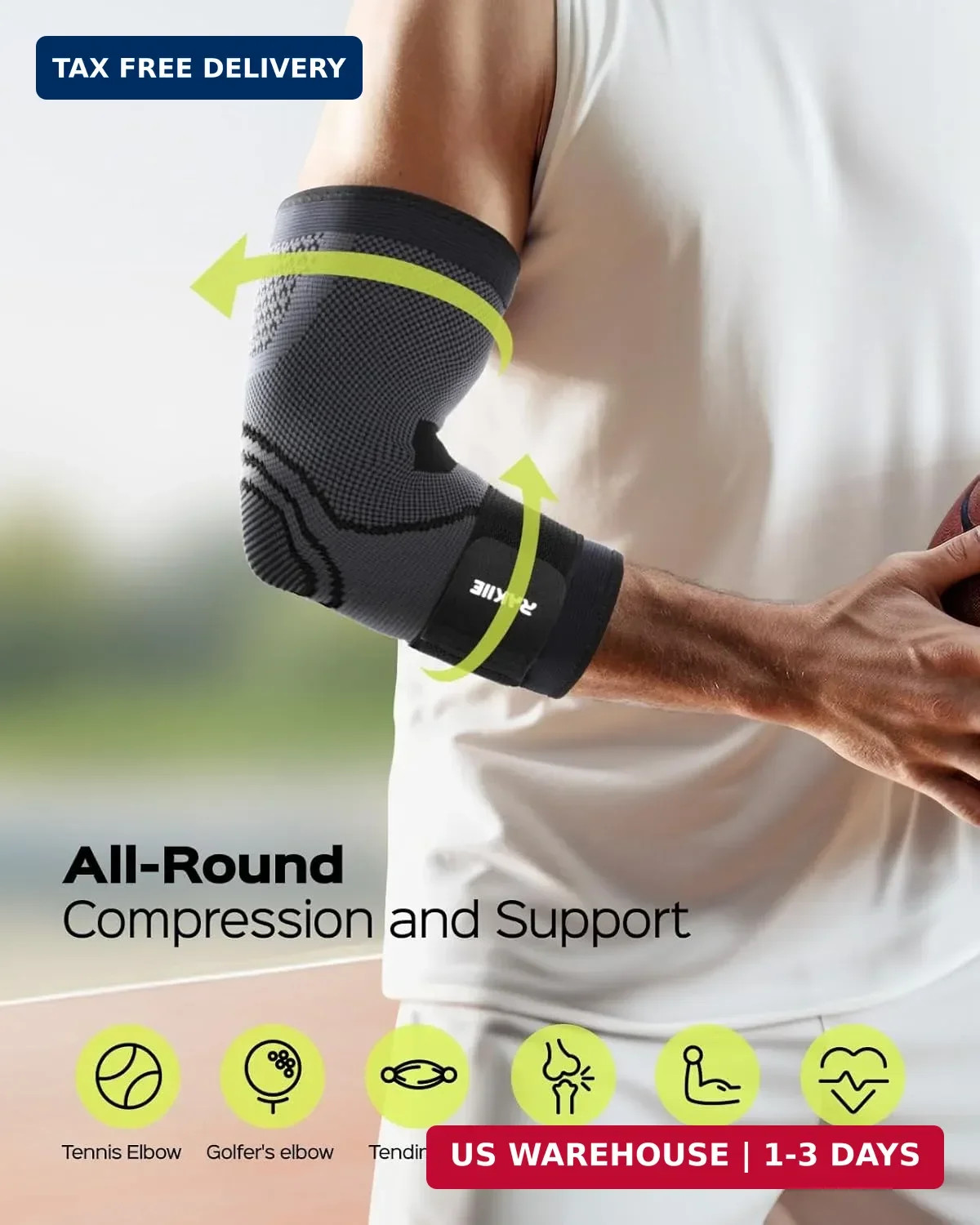 Rakiie Elbow Compression Sleeve 2 Pack, Elbow Brace for Tendonitis and Tennis El