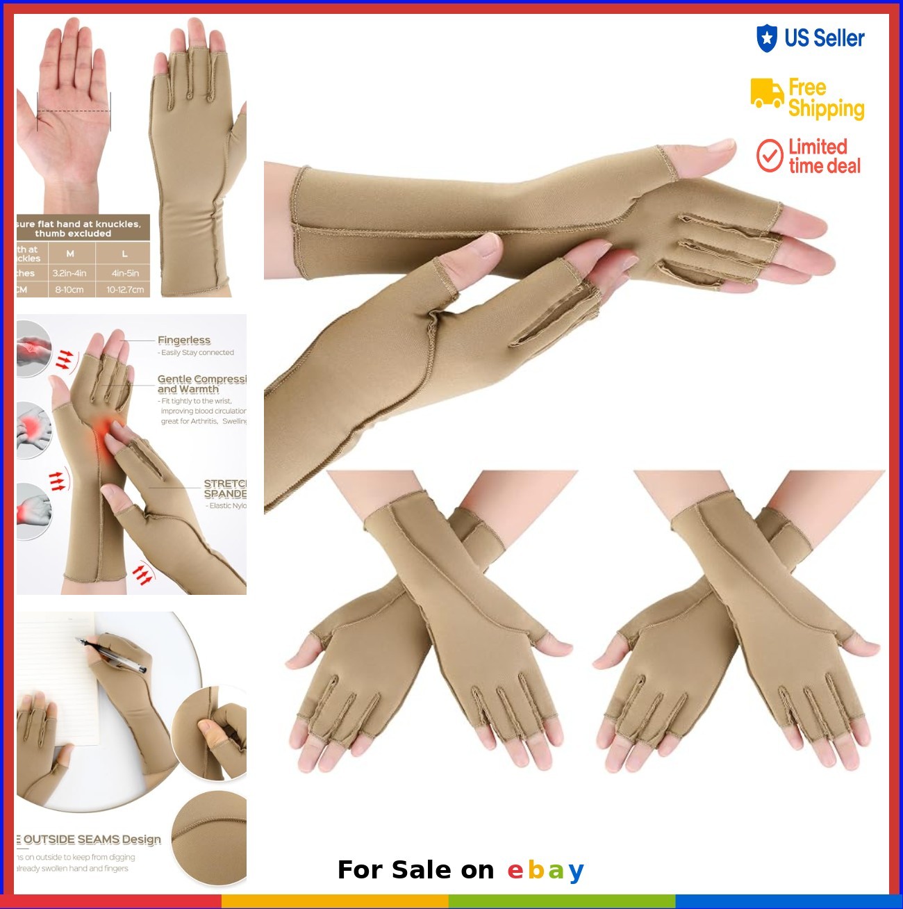 Arthritis Compression Gloves Fingerless Carpal Tunnel Relief 3 Pairs Large Nude