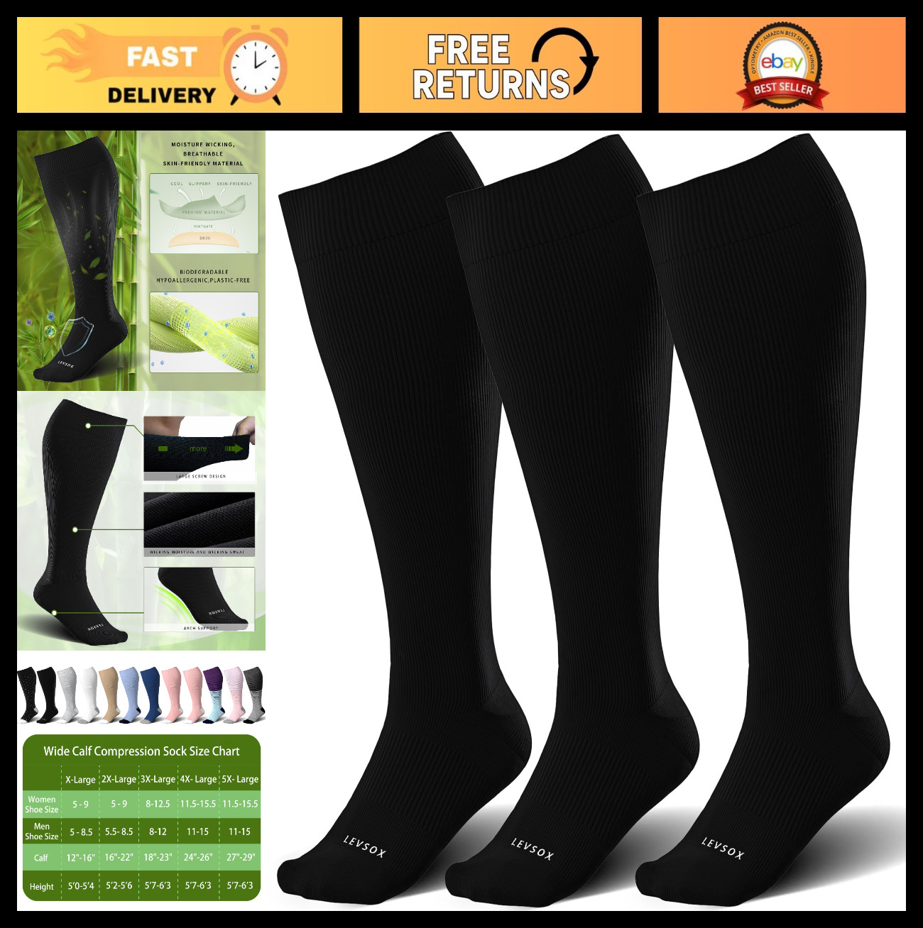 Wide Calf Compression Socks 15-20mmHg Knee High Support Stockings for Circulatio