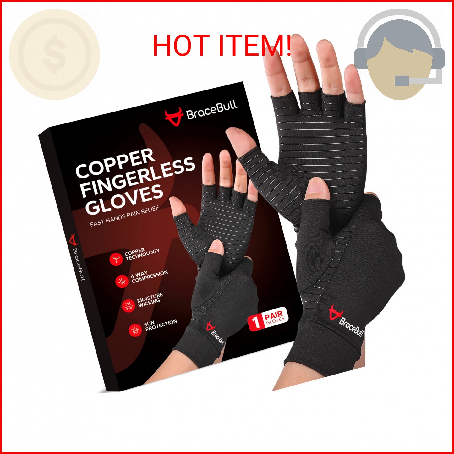 BraceBull Arthritis Gloves (1 Pair), Copper Infused Fingerless Compression Glove