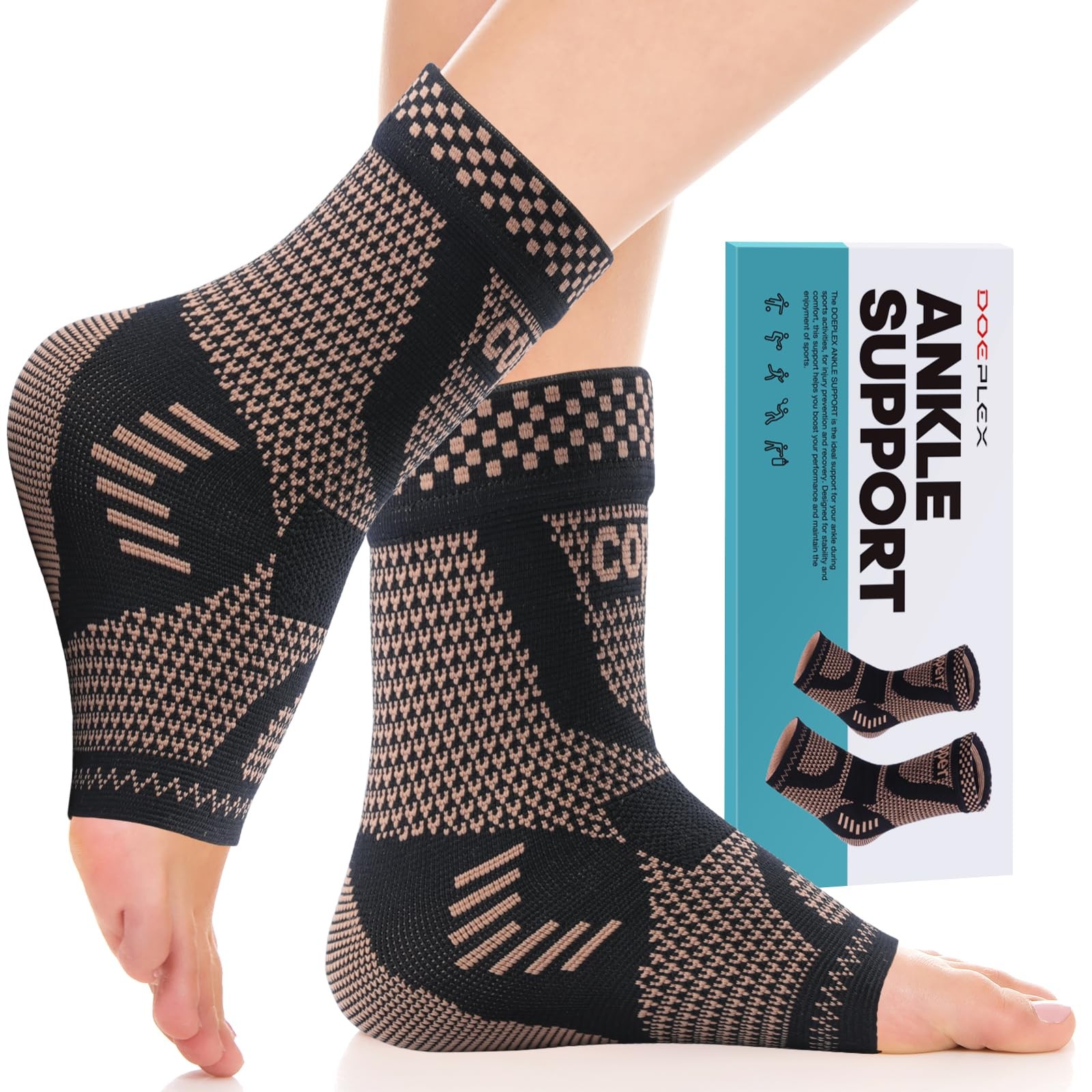 DOEPLEX Copper Ankle Brace Compression Sleeve for Women & X-Large, Black/Gold