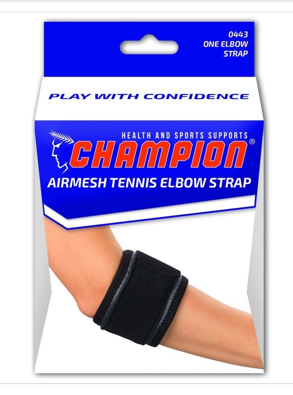 Champion Tennis Elbow Strap, Adjustable Support, Airmesh Fabric, Black, Regular