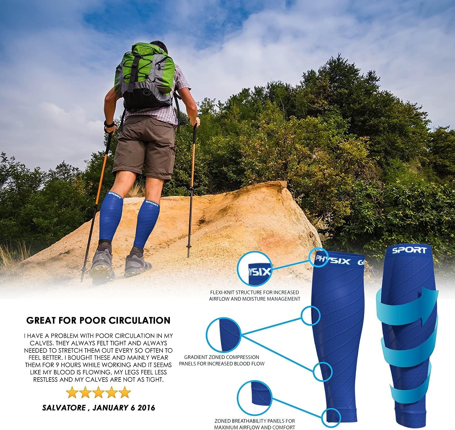 Calf Compression Sleeve for Men & Women, Best Footless Socks for Shin L/XL Blue