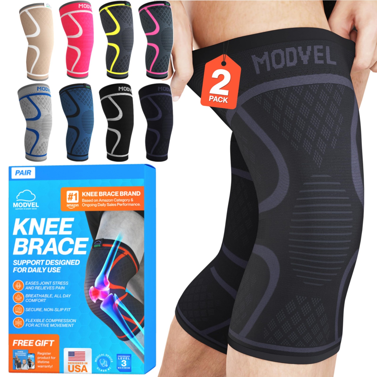 2 Pack Knee Brace for Women & Men – Workout Knees Compression Sleeve for Knee…