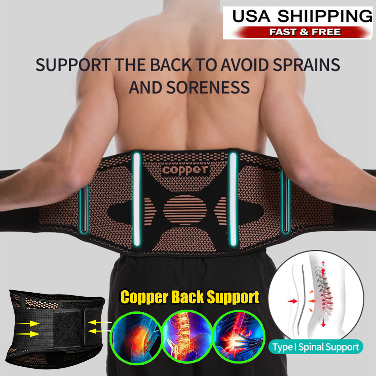 Copper Lumbar Waist Support Brace Belt Lower Back Pain Relief for Men Women