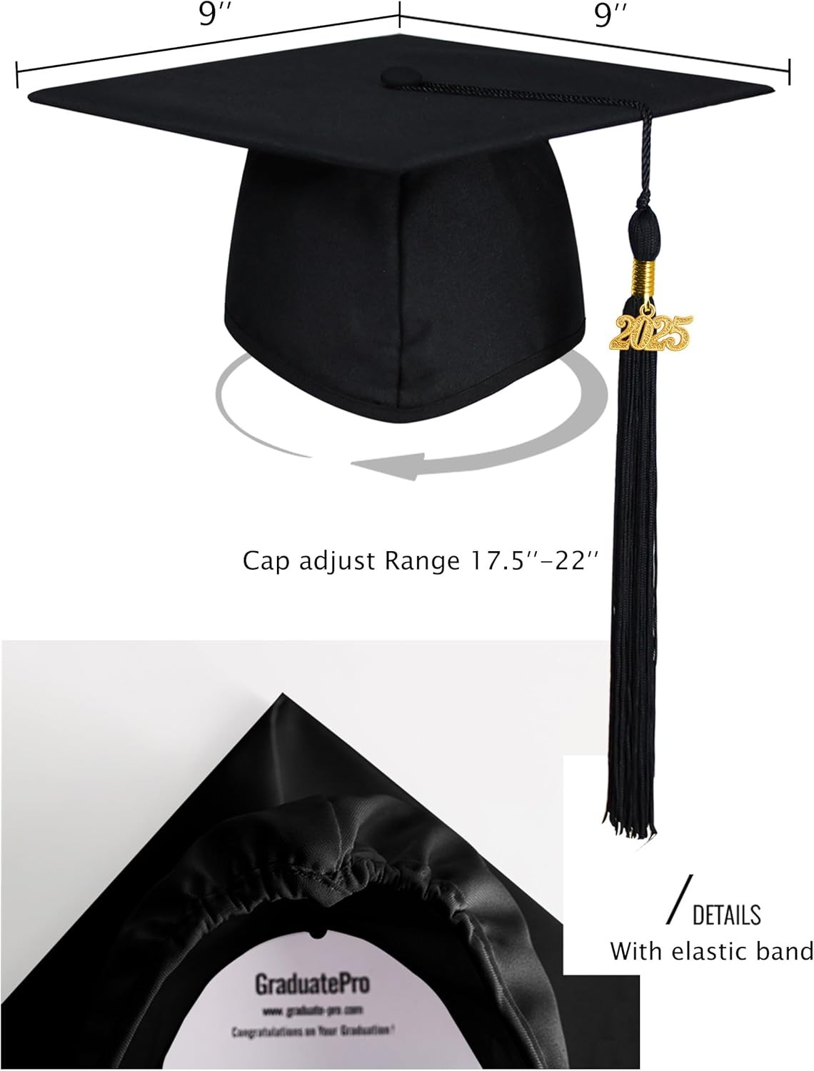 GraduatePro Kindergarten Graduation Cap Class of 2025 with One Size, Black