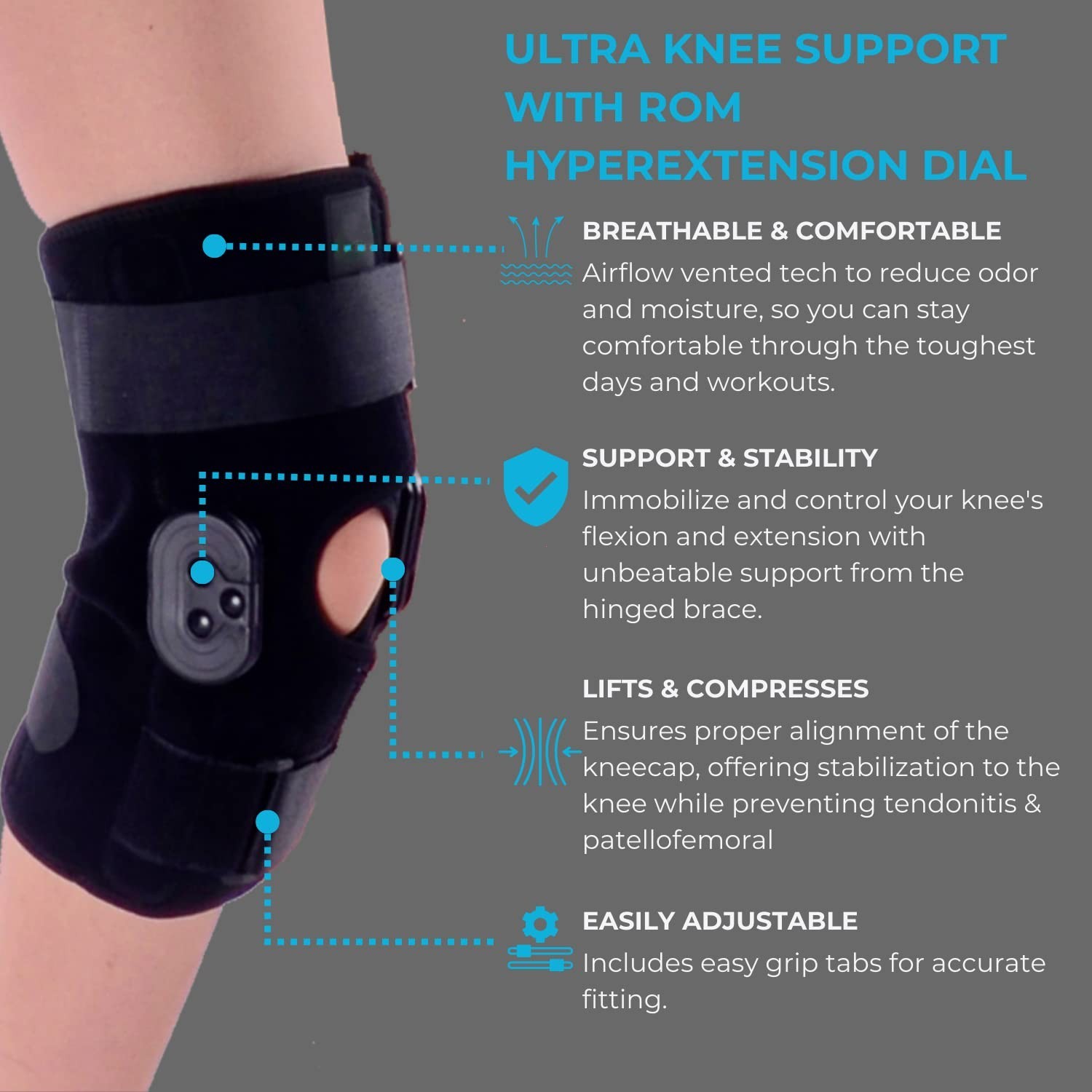 Hinged Knee Brace, Knee Immobilizer with Locking Dials & Side Stabilizers