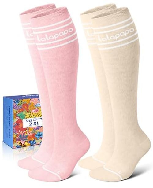 Thick Soft Cotton Compression Socks for Women Men Large-X-Large Pink and Beige