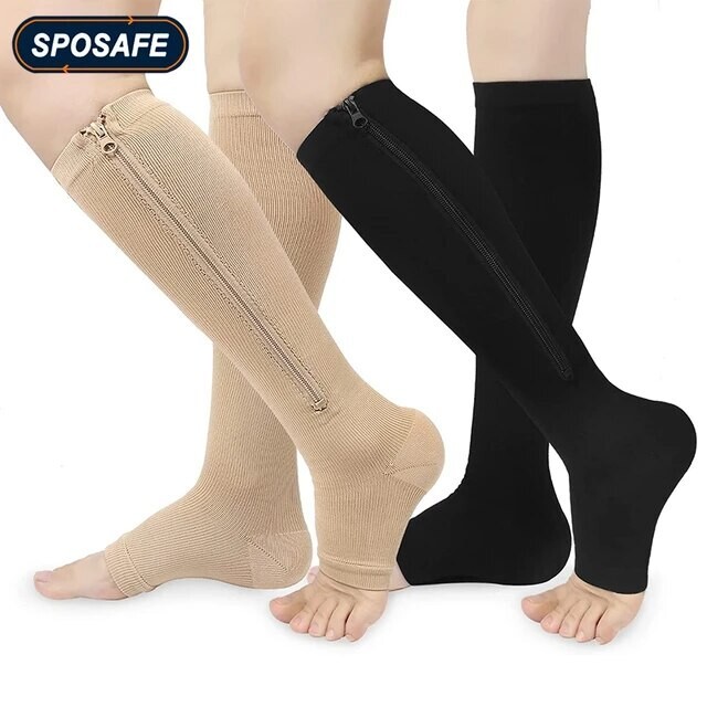 Zipper Compression Socks Calf &Ankle Support Stocking 15-20 S,M,L BLACK/BEIGE