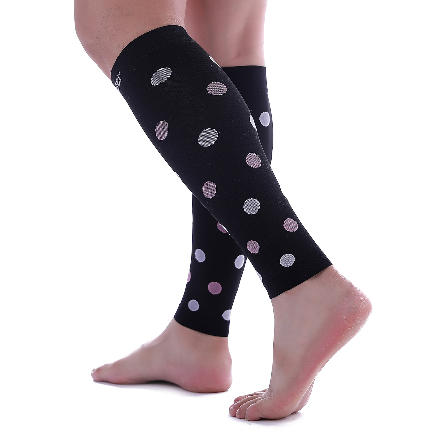 Doc Miller Calf Compression Sleeve 1Pair 20-30mmHg Varicose Polka Dot BLK/PNKWHT
