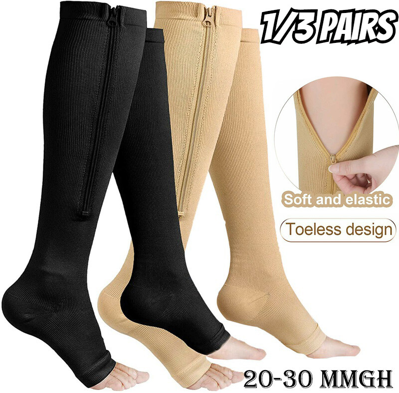 Zipper Compression Socks Support Hose Knee High Stocking for Men Women 20-30mmHg
