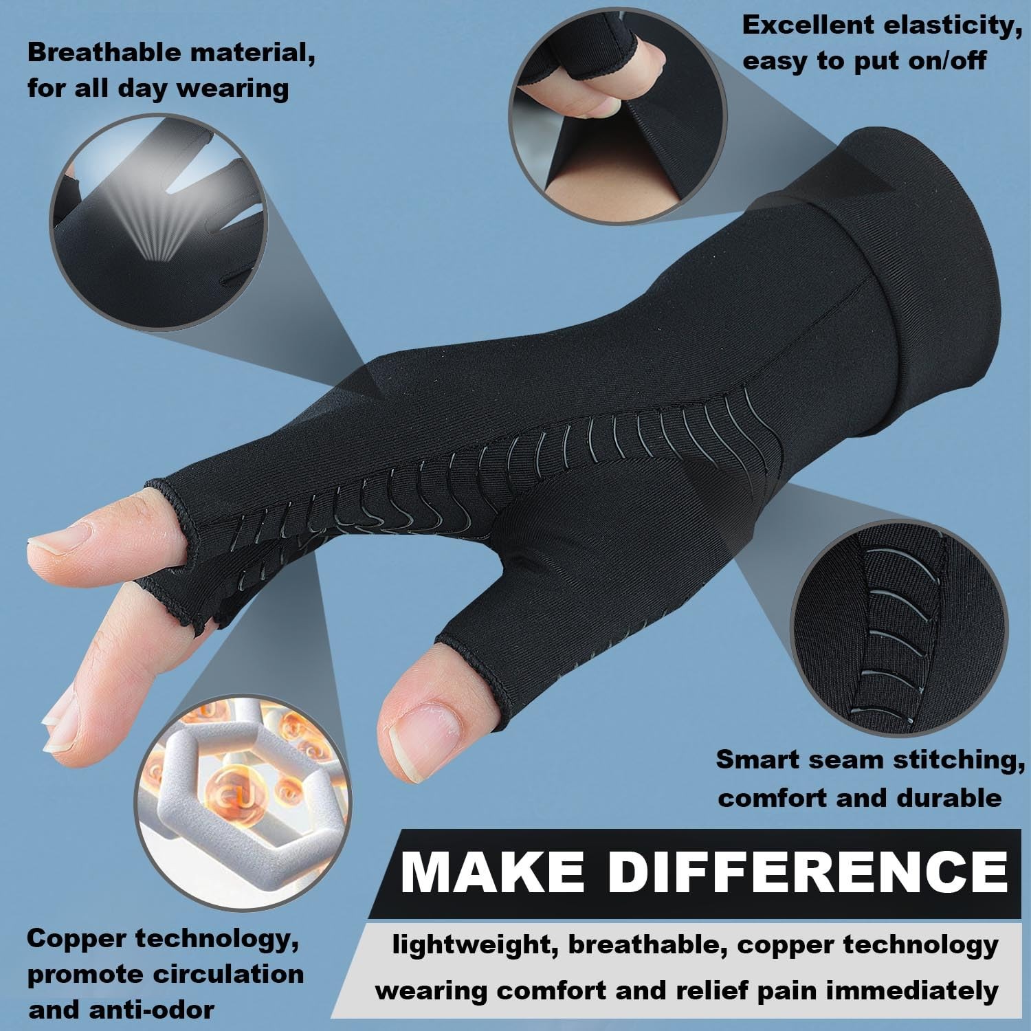 2 Pairs Copper Arthritis Compression Gloves for Rheumatoid, Osteoarthritis,