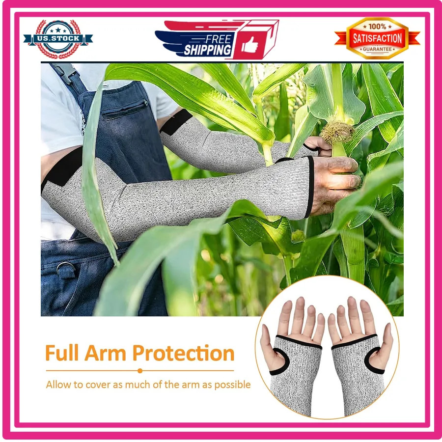 1 Pair Cut Resistant Arm Sleeves with Thumb Hole for Gardening Welding Grey