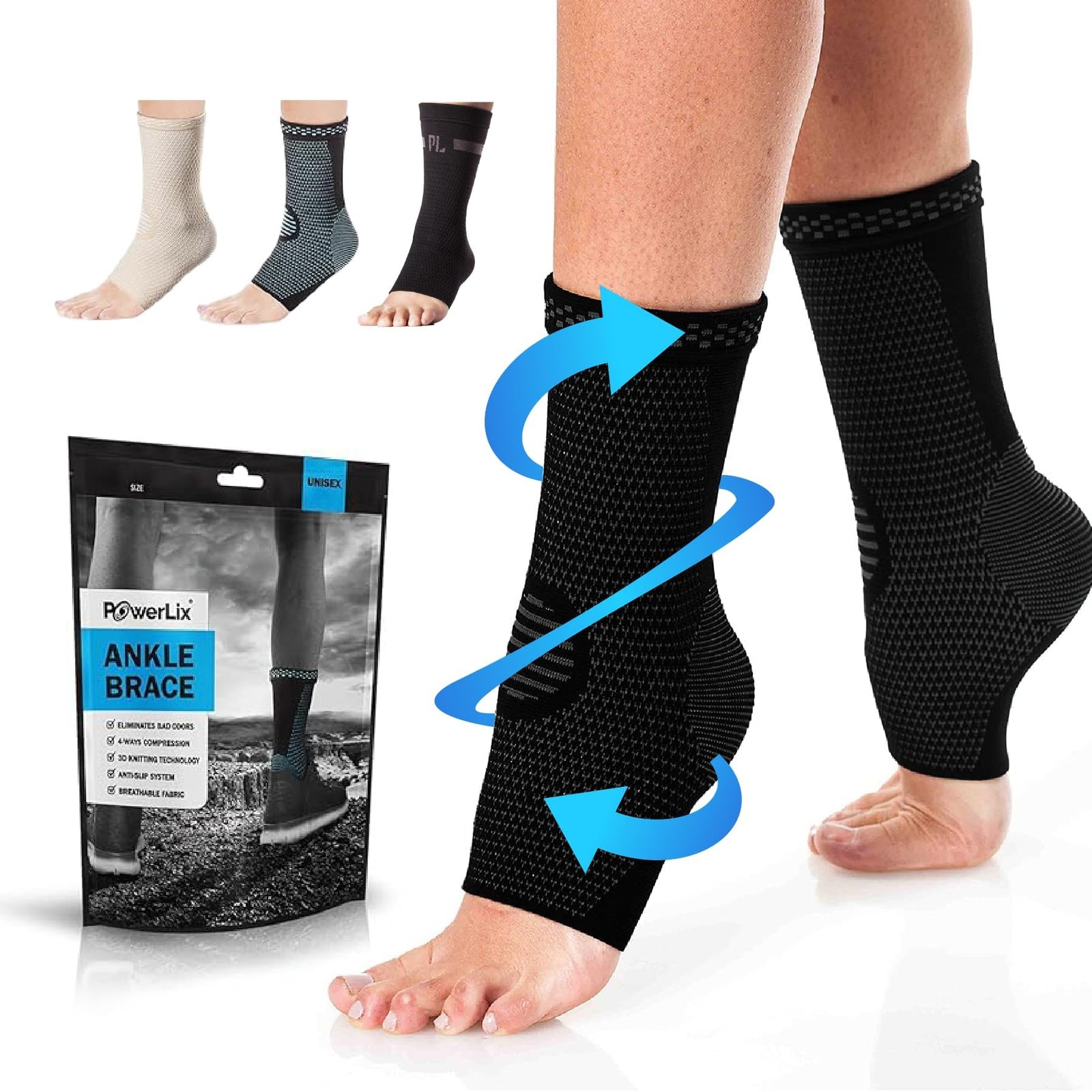 POWERLIX Ankle Compression Sleeve, Arch & Large(2 Pack), Brace Black