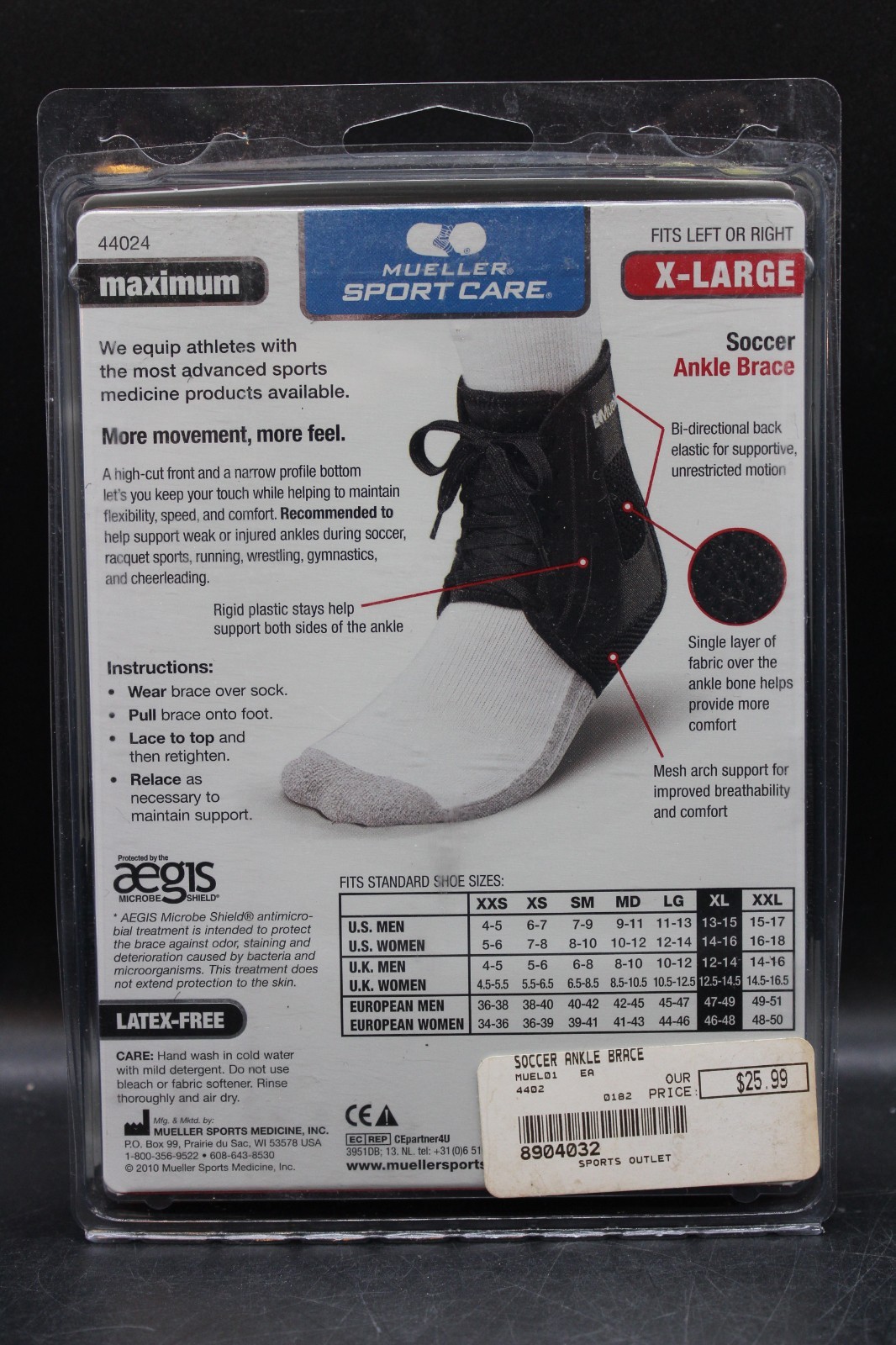 Mueller Soccer Care Unisex Latex Free Size XL Black Ankle Brace NWT