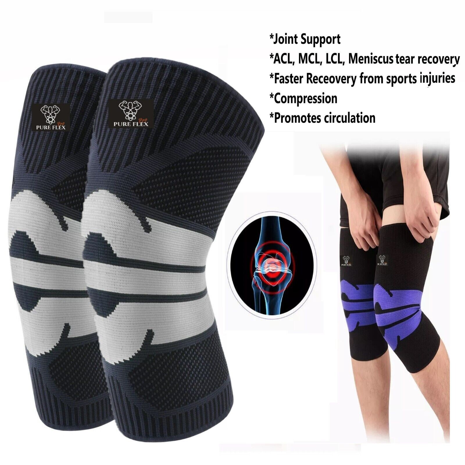 Knee Brace Compression Sleeve Support Sports Recovery ACL LCL MCL Black/Grey M
