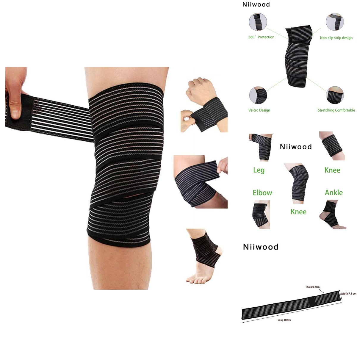 Niiwood NBT-001 Extra Long Elastic Knee Wrap Brace Support for Legs – Black 1pcs
