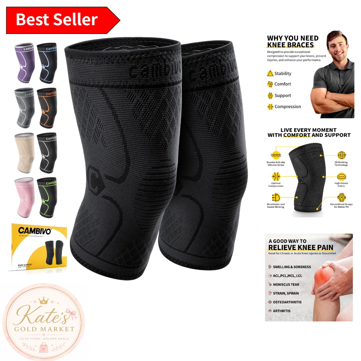 2 Pack Knee Compression Sleeves for Pain Relief & Support – Medium Size, Black